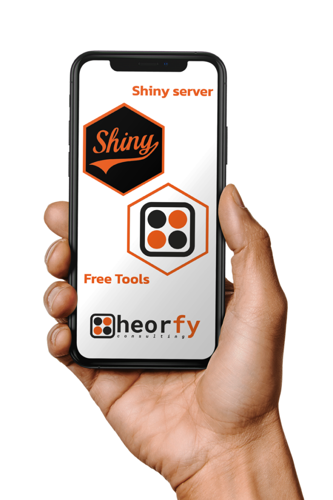 Mano sosteniendo teléfono móvil con logo de empresa, logo hexagonal de R y Shiny, y las palabras 'Shiny server' y 'Free tools'